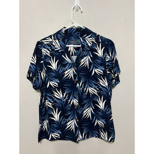 Island‎ Traders Blue Floral Womens M Hawaiian Tropical Beach Button Up